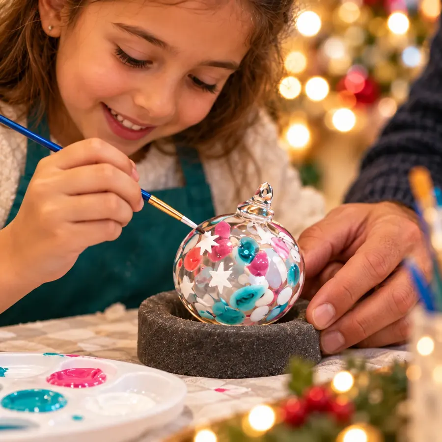 A girl carefully painting stars on a glass bauble