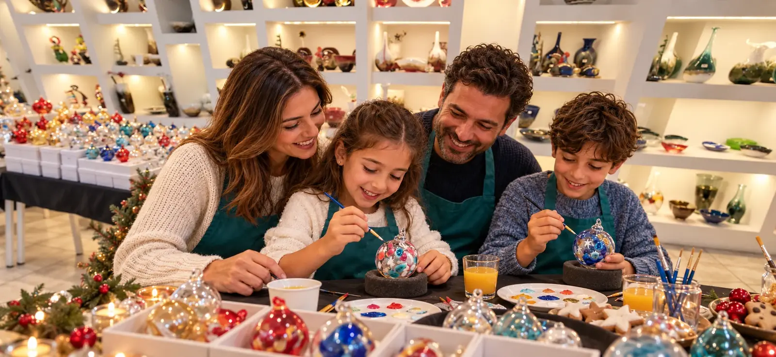 A family painting baubles together at a long table