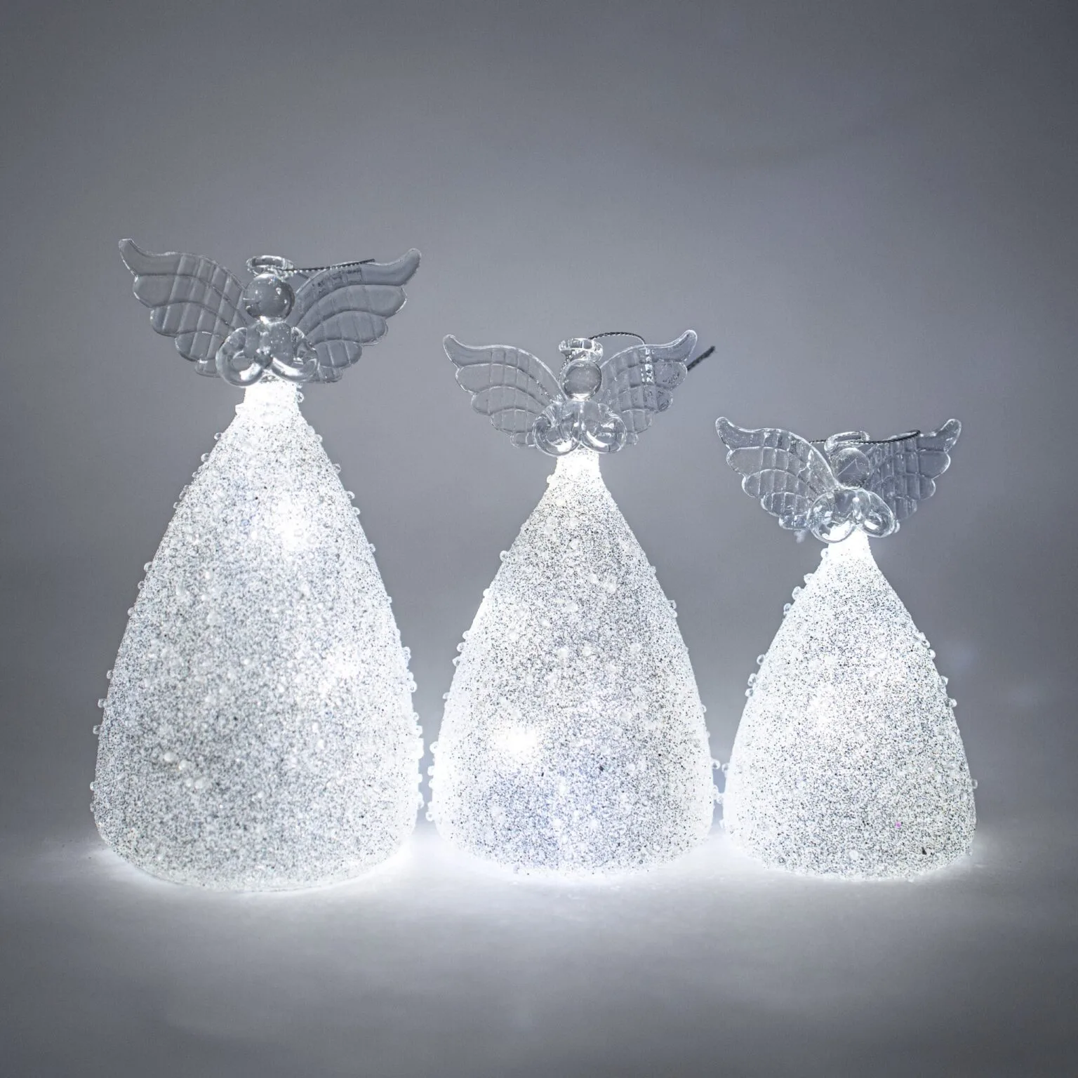 LED Angel Ornament with Grey Glitter and Rhinestones