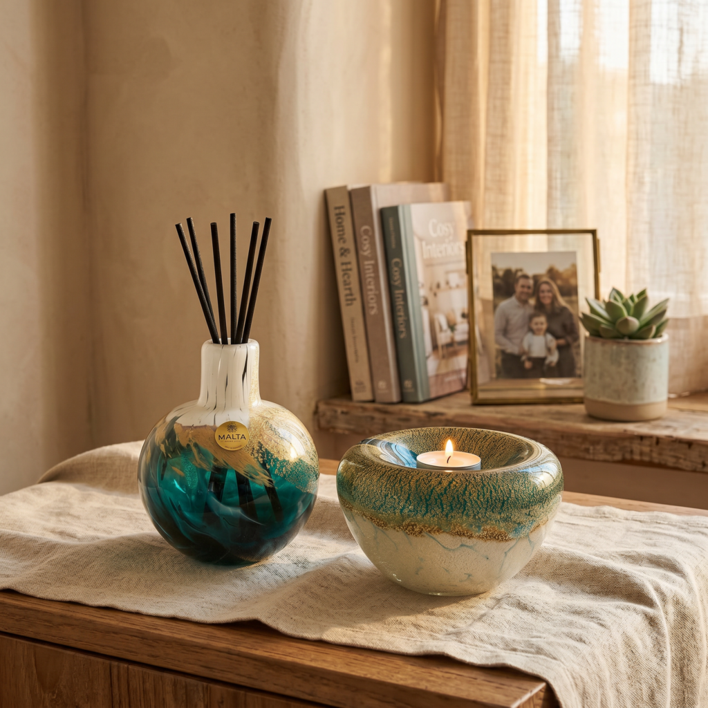 Handcrafted Glass Reed Diffuser & Glass Tealight Holder Bundle – Handmade Art Glass Home Décor Set