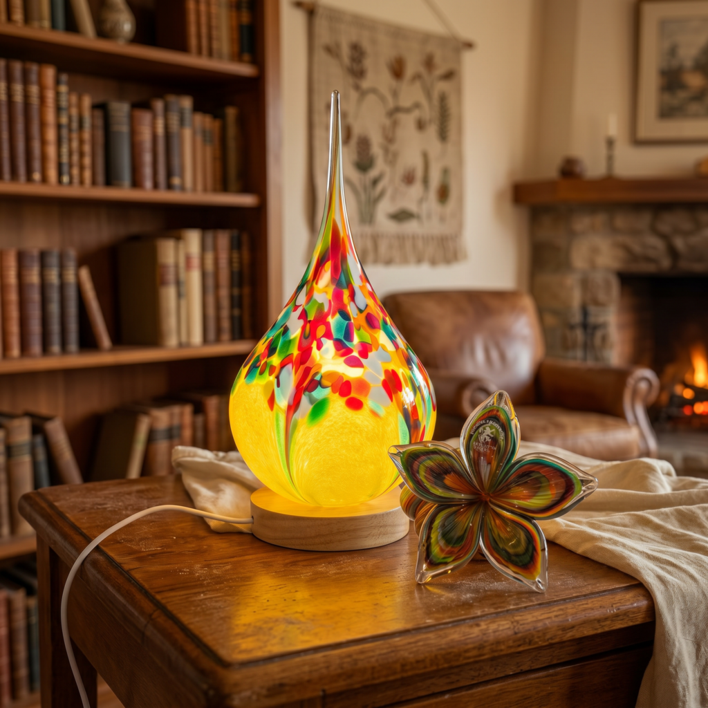 Handmade Teardrop Lamp and Flower Glass Napkin Holder Bundle – Colourful Home Décor Gift Set