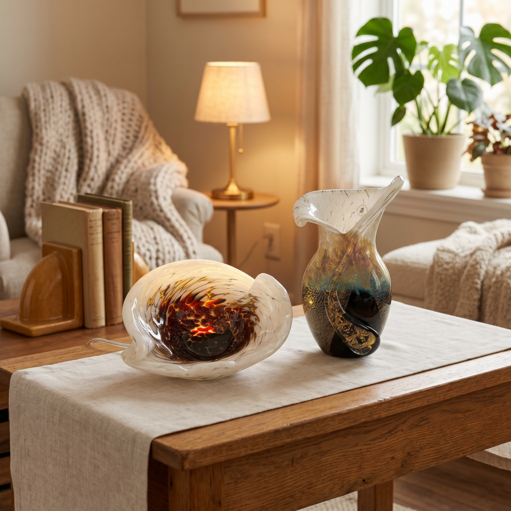 Seashell Bowl & Elegant Striped Vase Bundle – Handmade Art Glass Home Décor Set