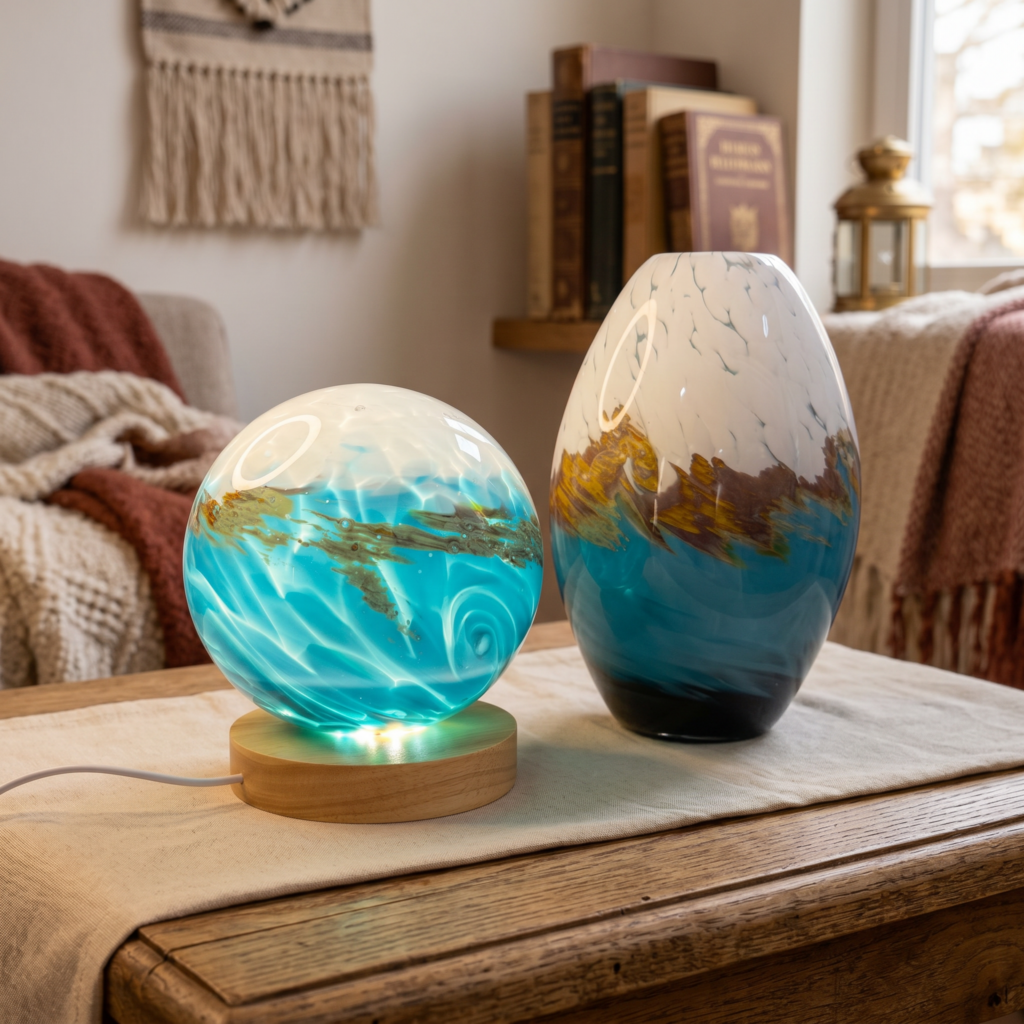 Glass Globe Lamp & Decorative Glass Vase Bundle – Handmade Art Glass Home Décor Set
