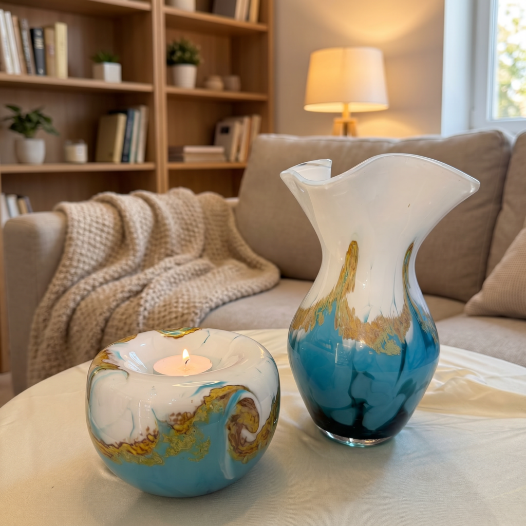 Free Wave Vase & Glass Tealight Holder Bundle – Handmade Art Glass Home Décor Set