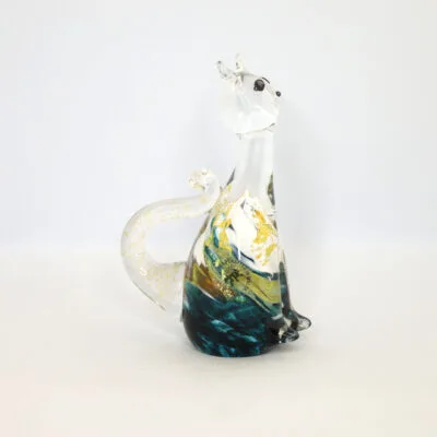 Colorful hand-blown glass cat figurine from Malta with intricate details.