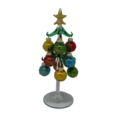 Green Glass Christmas Tree with Gold-Patterned Baubles