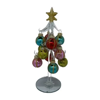 Clear Glass Christmas Tree with Striped Multicolour Baubles