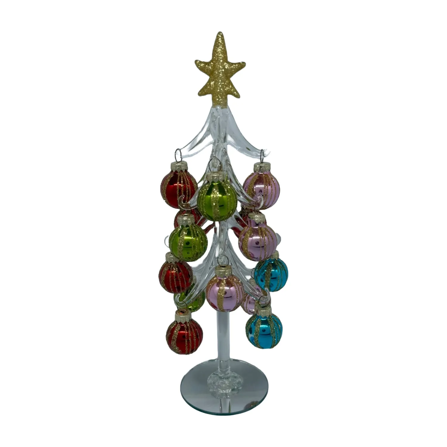 Clear Glass Christmas Tree with Striped Multicolour Baubles - Image 3