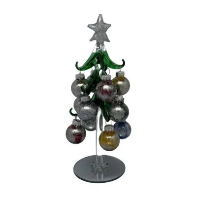 Green Glass Christmas Tree with Silver Star and Glitter Baubles