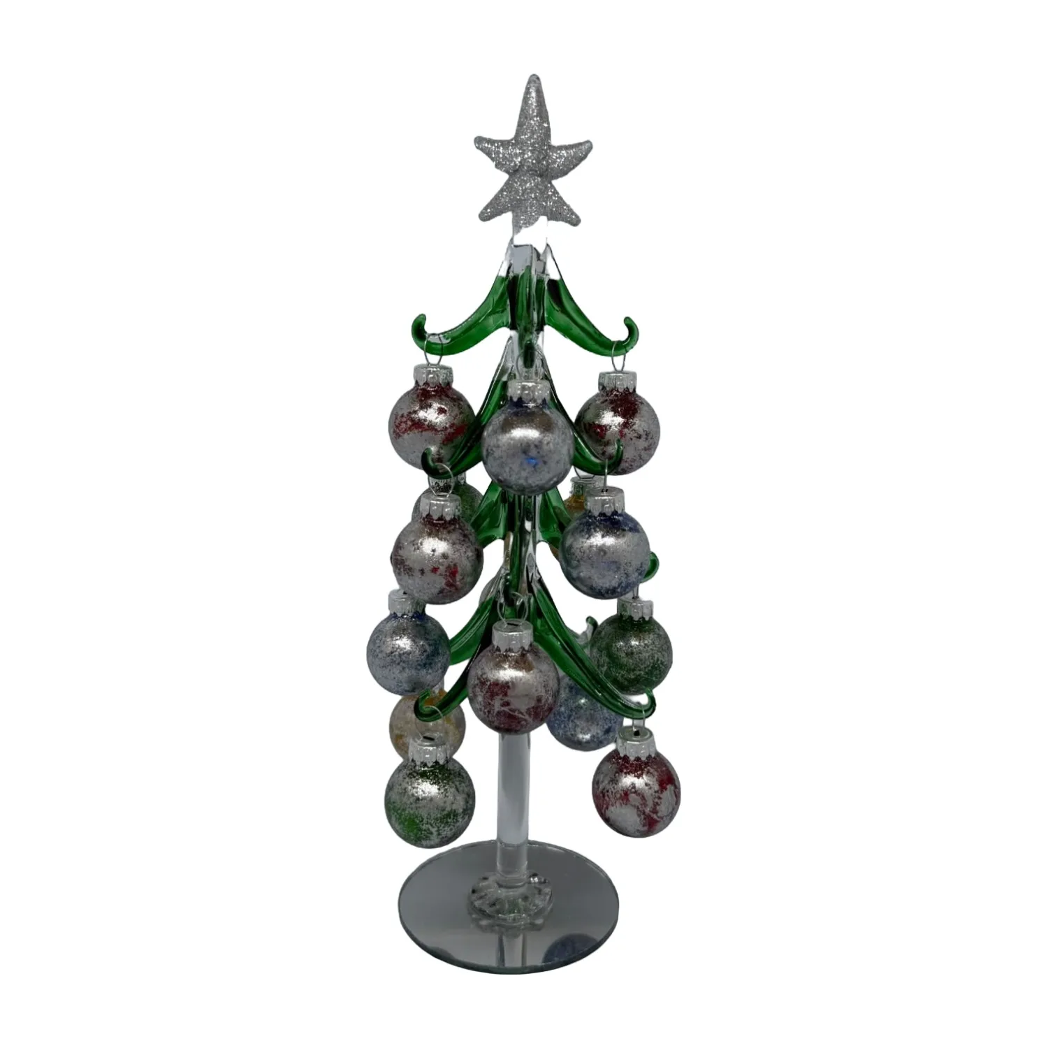 Green Glass Christmas Tree with Silver Star and Glitter Baubles - Image 3