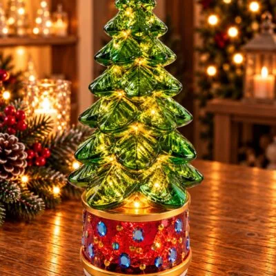 Lit Rotating Green Tree on Red Base