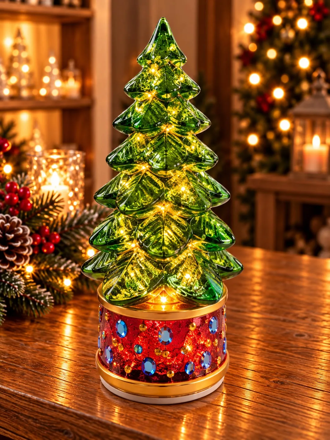 Lit Rotating Green Tree on Red Base